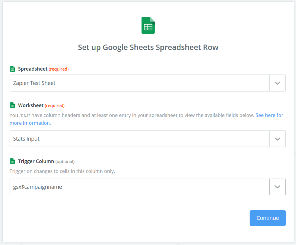 set up Google Sheets spreadsheet row