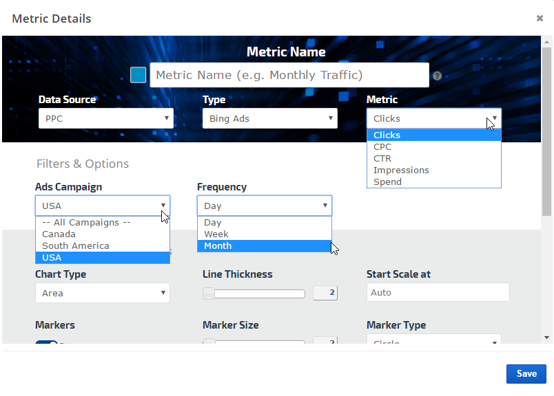 Bing Ads metrics graph settings