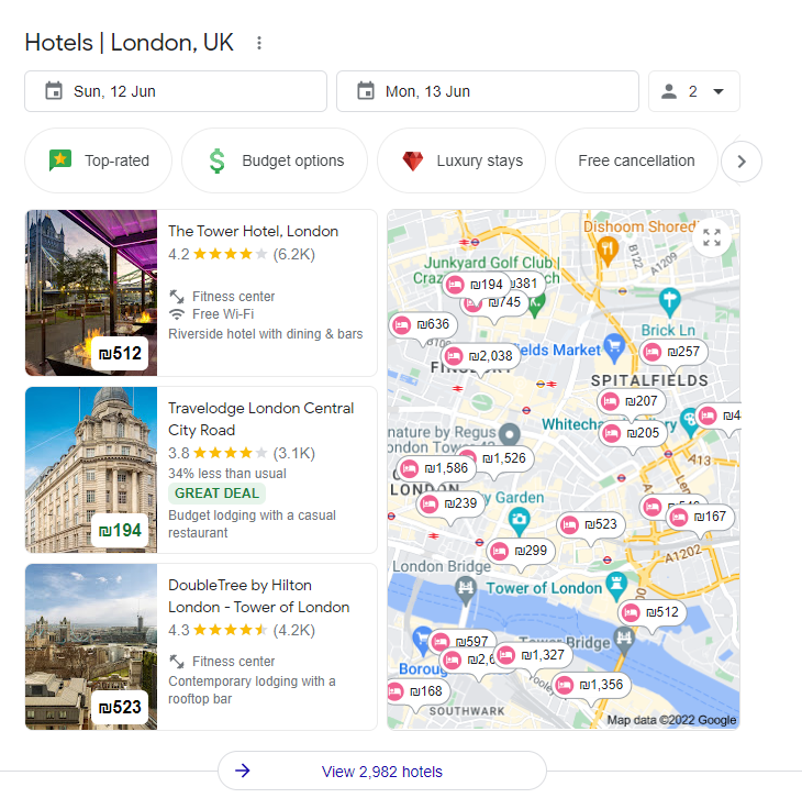 Google Local Pack for London Hotels